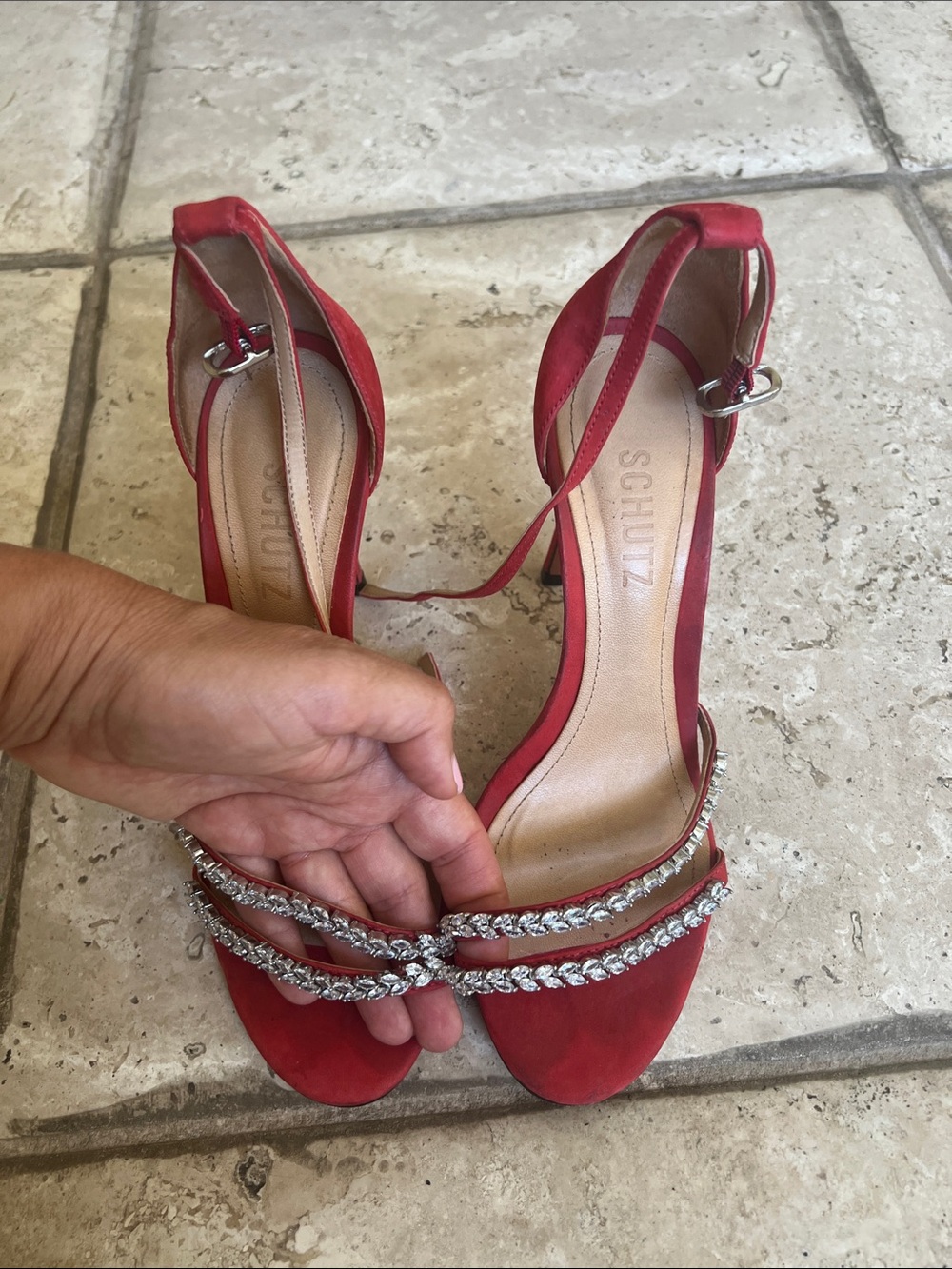 SCHUTZ Red Crystal-Strap Open-Toe Heels